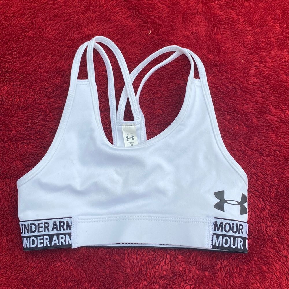 Under Armour White Logo Crossback Sports Bra Youth SIZE YSM Athletic Top